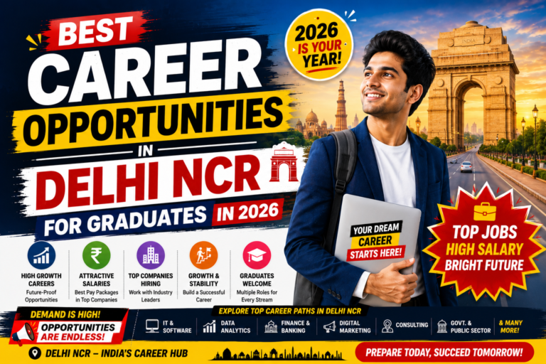 Wide featured image for 'Best Career Opportunities in Delhi NCR for Graduates in 2026'. The banner showcases a confident young graduate holding a laptop with the iconic India Gate and Delhi skyline in the background during sunset. Large bold text highlights the best career opportunities in Delhi NCR for 2026, while attention-grabbing callouts promote high-paying jobs, bright career prospects, and strong growth opportunities. Colorful icons represent attractive salaries, top companies hiring, career stability, and graduate-friendly roles. Additional sections highlight career paths in IT, software development, data analytics, finance, banking, digital marketing, consulting, and government sectors. The vibrant blue, yellow, red, and white design creates urgency and excitement for graduates seeking career opportunities in Delhi NCR.