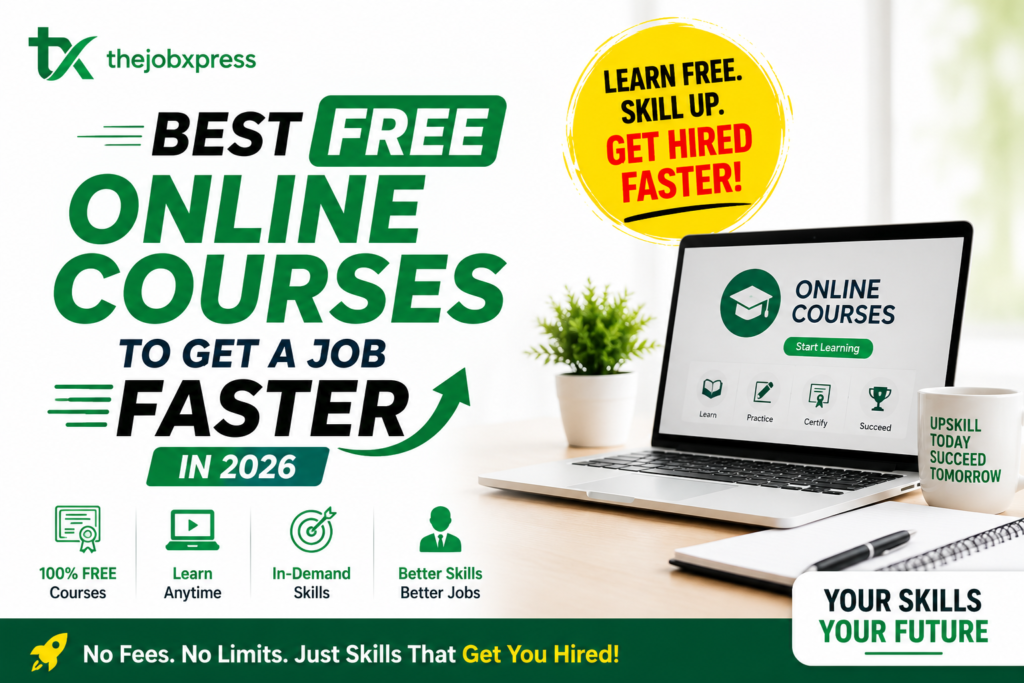 Best free online courses to get a job faster in 2026 featuring online learning, career growth, skill development, laptop workspace, and TheJobXpress branding