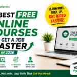 Best free online courses to get a job faster in 2026 featuring online learning, career growth, skill development, laptop workspace, and TheJobXpress branding