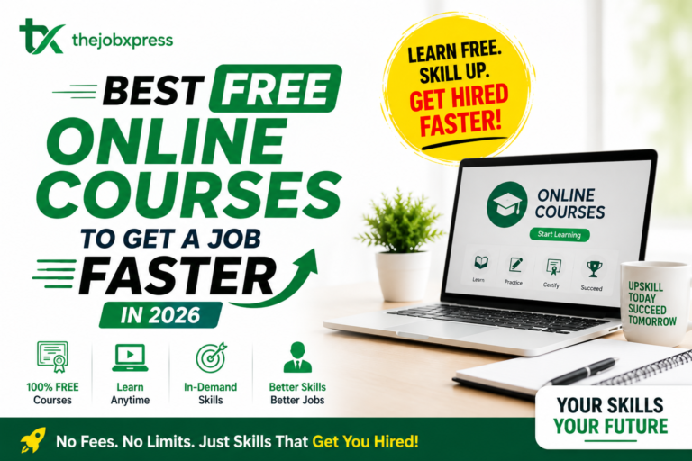 Best free online courses to get a job faster in 2026 featuring online learning, career growth, skill development, laptop workspace, and TheJobXpress branding
