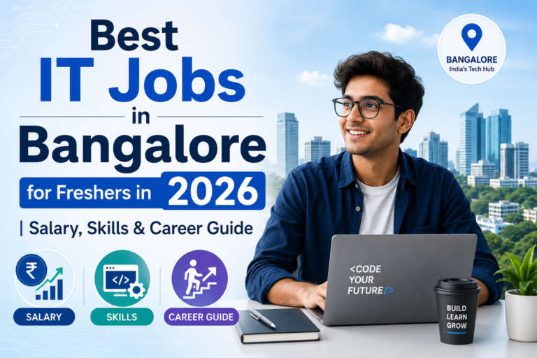 Featured blog banner for 'Best IT Jobs in Bangalore for Freshers in 2026'. The image shows a young IT professional working on a laptop in a modern office setting with the Bangalore city skyline in the background. The banner highlights key topics including salary, skills, and career guidance, with icons representing career growth, technical skills, and earning potential. The design uses a professional blue-and-white color scheme suitable for technology and career-related content.