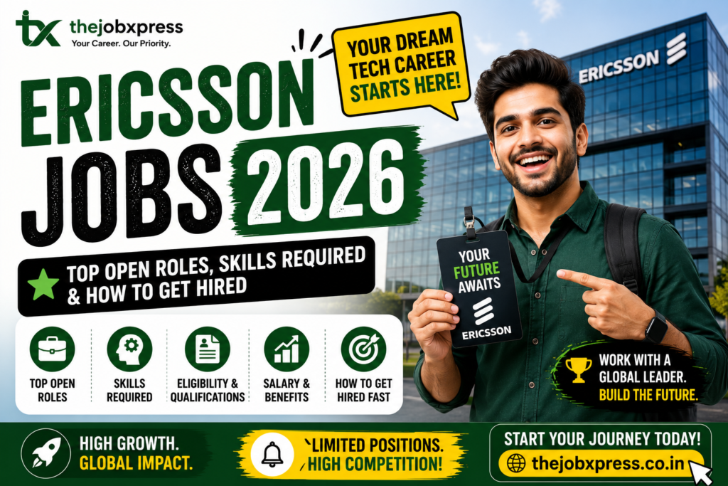 Featured image promoting Ericsson Jobs 2026, showing a young professional in front of an Ericsson office building, holding an employee badge. The image highlights top open roles, skills required, hiring tips, career growth opportunities, and TheJobXpress branding in green and yellow colors.