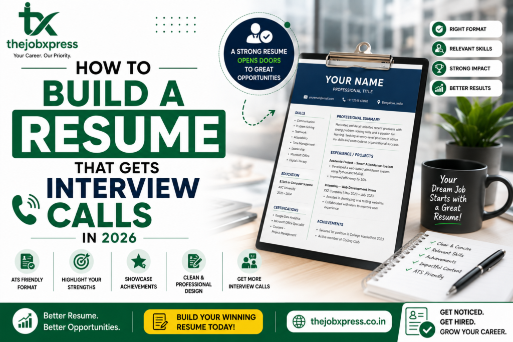 Featured image for resume building in 2026 showing a professional resume template, career growth elements, interview success icons, and TheJobXpress branding designed to help job seekers get more interview calls.