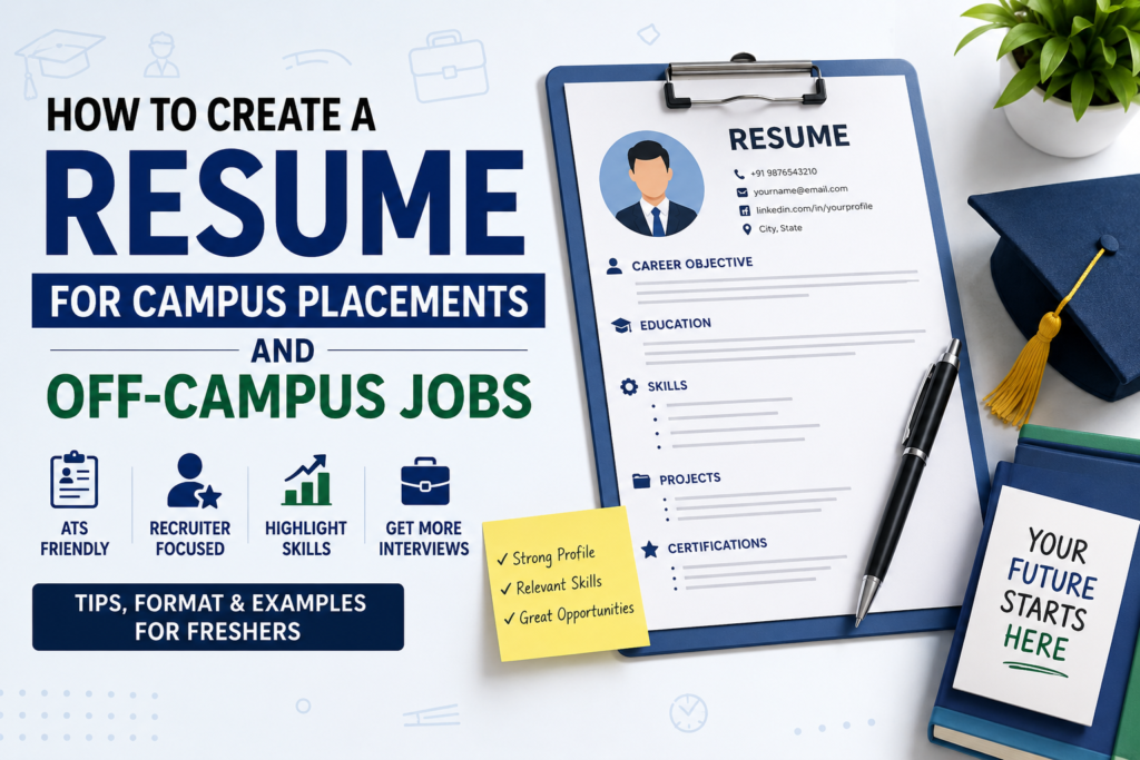 Professional resume for campus placements and off-campus jobs showing ATS-friendly resume format, skills section, projects, certifications, and fresher resume tips.