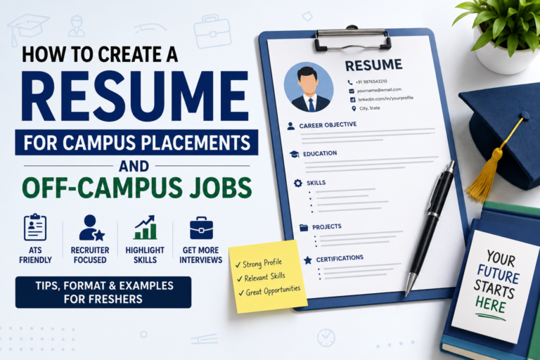 Professional resume for campus placements and off-campus jobs showing ATS-friendly resume format, skills section, projects, certifications, and fresher resume tips.