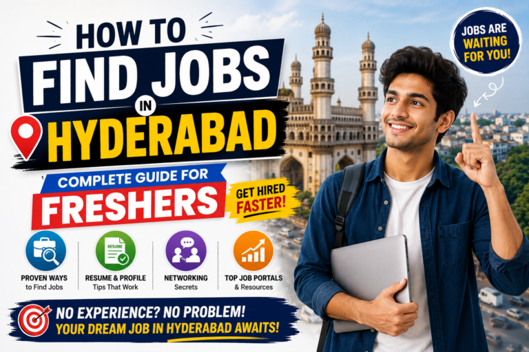 Clickbait-style blog banner for 'How to Find Jobs in Hyderabad: Complete Guide for Freshers'. The image features a smiling young job seeker holding a laptop and pointing upward, with Hyderabad's iconic Charminar and cityscape in the background. Large bold text emphasizes finding jobs in Hyderabad, getting hired faster, and opportunities for freshers. Colorful icons represent job search strategies, resume building, networking, and job portals. The design uses high-contrast blue, yellow, red, and white colors to create a sense of urgency and attract job seekers looking for career opportunities in Hyderabad.