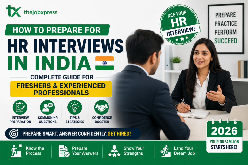 HR interview preparation guide in India for freshers and experienced professionals in 2026 featuring a professional interview setting, career tips, and job readiness strategies