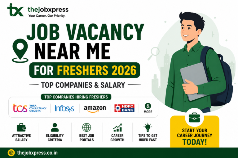 Minimalist featured image for Job Vacancy Near Me for Freshers 2026 showing a young graduate with a laptop, TheJobXpress branding, and highlights of top companies hiring freshers including TCS, Infosys, Amazon, and HDFC Bank.