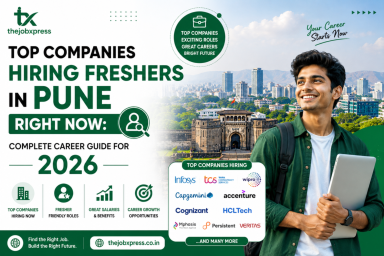 Featured image showing top companies hiring freshers in Pune in 2026, featuring a young professional, Pune city skyline, career growth icons, company logos, and TheJobXpress branding for job seekers and recent graduates.