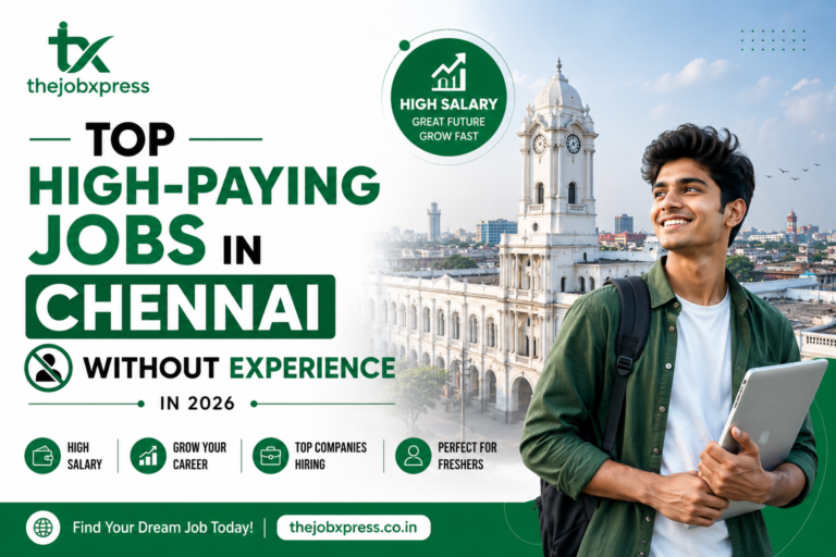Featured image for Top High-Paying Jobs in Chennai Without Experience in 2026 showing a fresher professional, Chennai city skyline, career growth icons, and TheJobXpress branding highlighting high-salary job opportunities for beginners.
