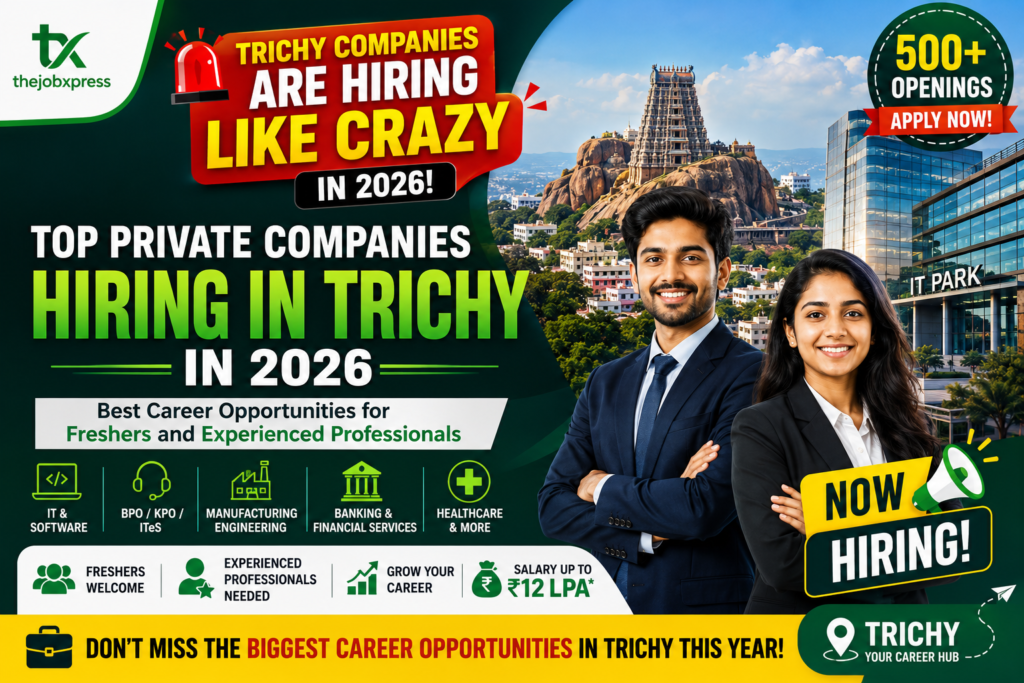 Top private companies hiring in Trichy in 2026 featuring young professionals, corporate offices, Trichy landmarks, and career opportunities for freshers and experienced candidates