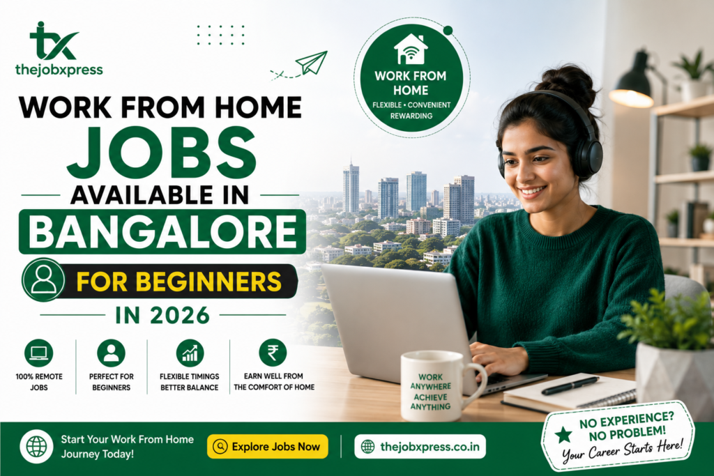 Featured image showcasing work from home jobs in Bangalore for beginners in 2026, featuring a young professional working remotely on a laptop, Bangalore skyline, remote work icons, and TheJobXpress branding.