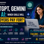 Professional using AI tools on a laptop with ChatGPT and Gemini logos, showcasing high-demand AI skills including Prompt Engineering, AI Automation, Data Analytics, Machine Learning, and AI Product Management with salary insights in India.