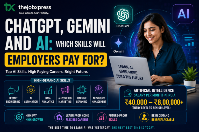 Professional using AI tools on a laptop with ChatGPT and Gemini logos, showcasing high-demand AI skills including Prompt Engineering, AI Automation, Data Analytics, Machine Learning, and AI Product Management with salary insights in India.