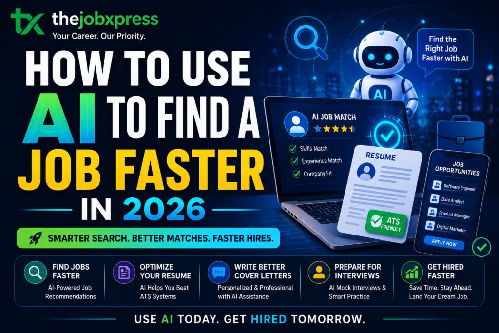 AI-powered job search concept showing resume screening, job applications, AI assistant, job matching, and career tools with the title How to Use AI to Find a Job Faster in 2026.